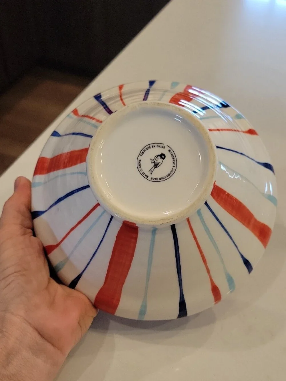 Anthropologie Bellina Red, Light Blue & Navy Handpainted Ceramic Bowl